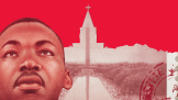 MLK Jr. church postage stamp on a red background.