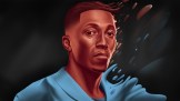 A stylized portrait of Lecrae on a black background.